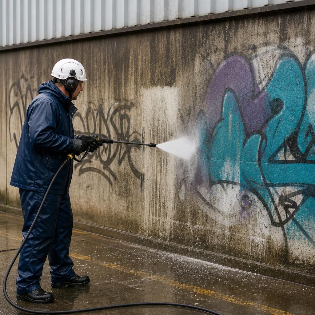 Graffiti removal process with pressure washer