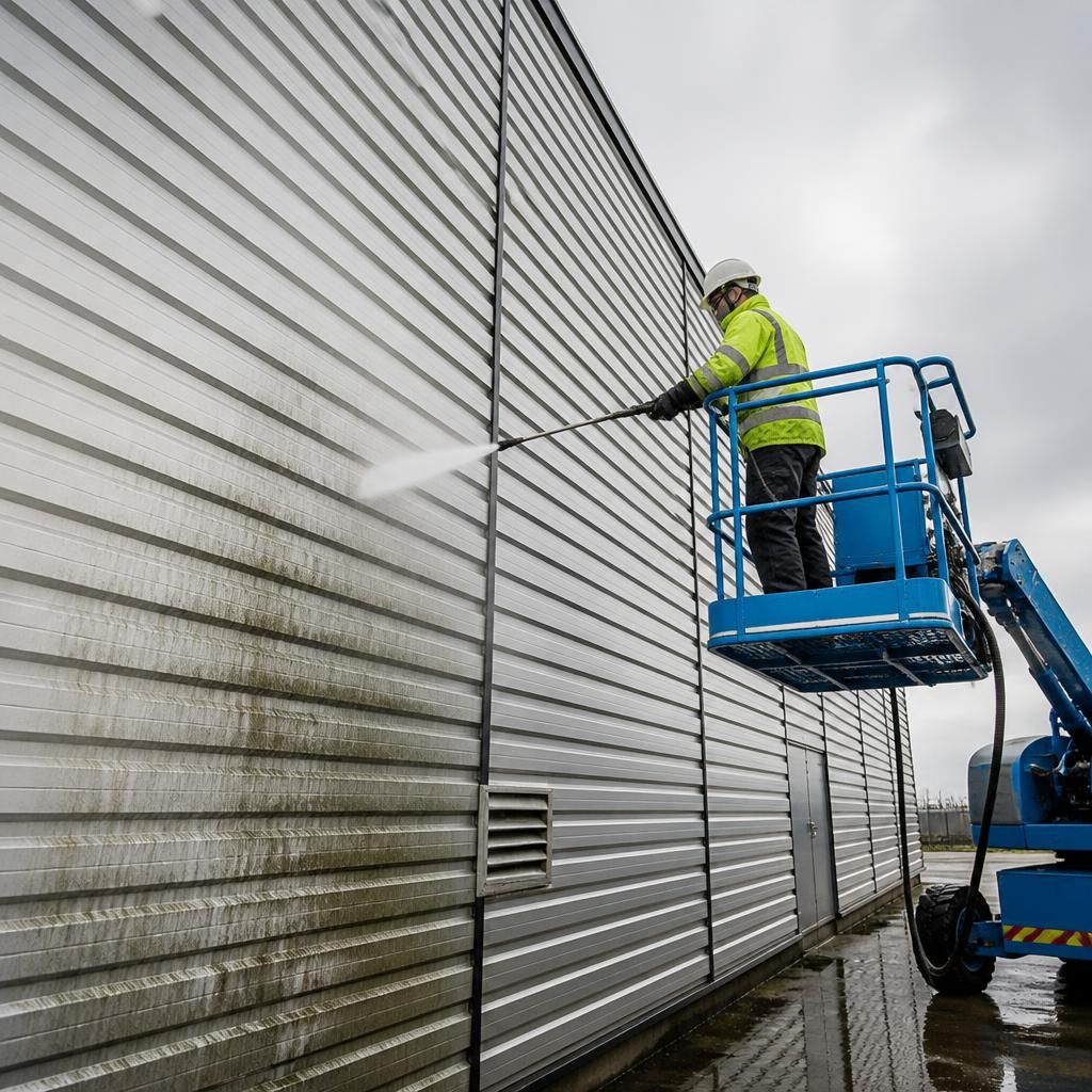 Cladding being cleaned with water jets