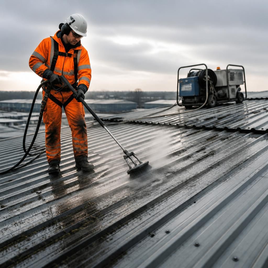 Roof cleaning with industrial equipment
