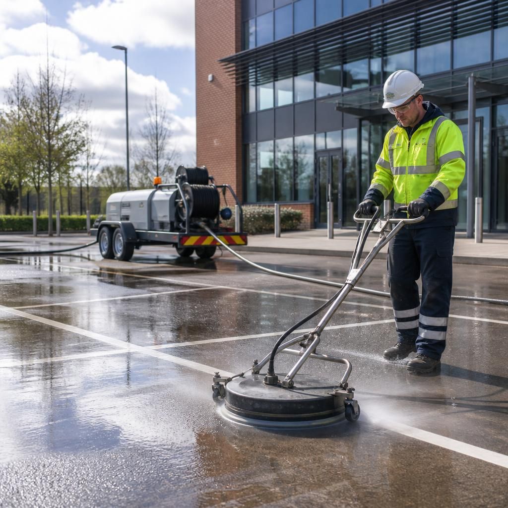 Large car park cleaning with industrial equipment