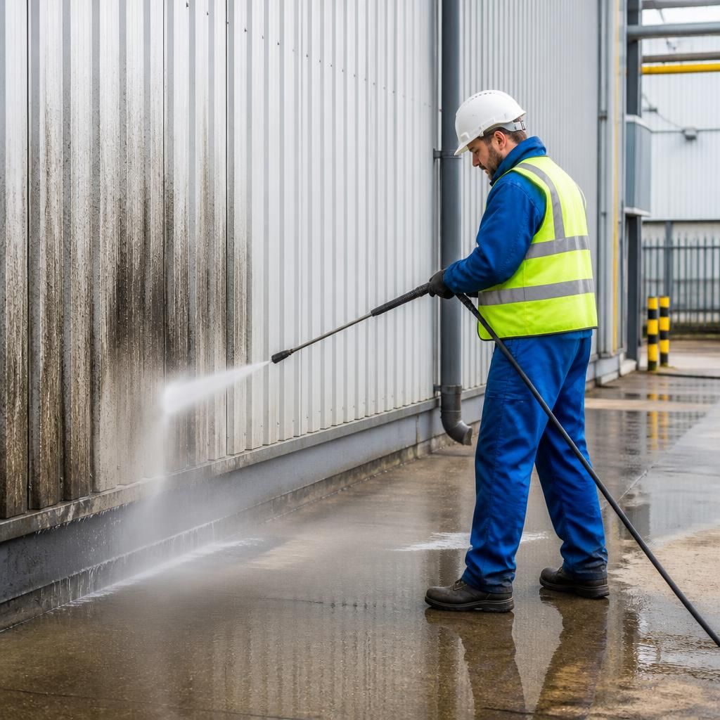 Technician using pressure washing equipment