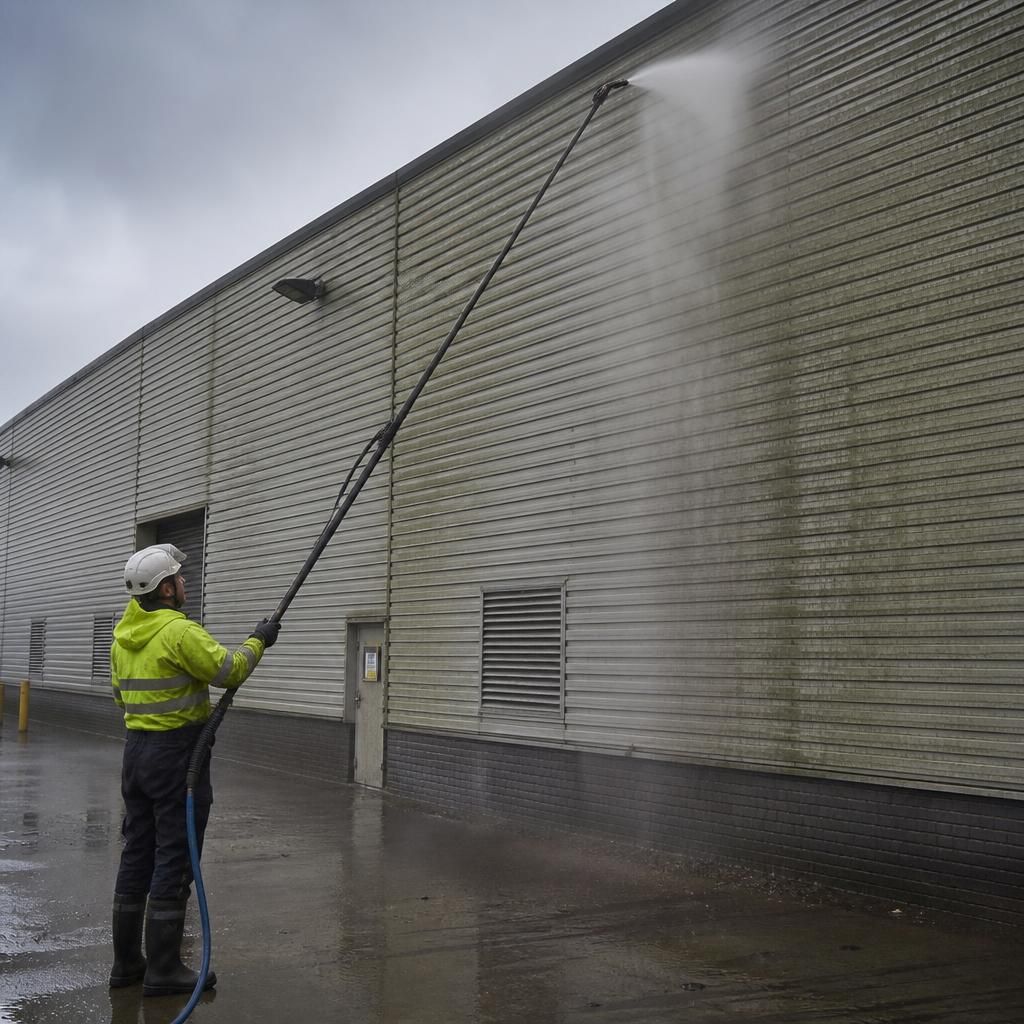 Cleaning team working on large building cladding