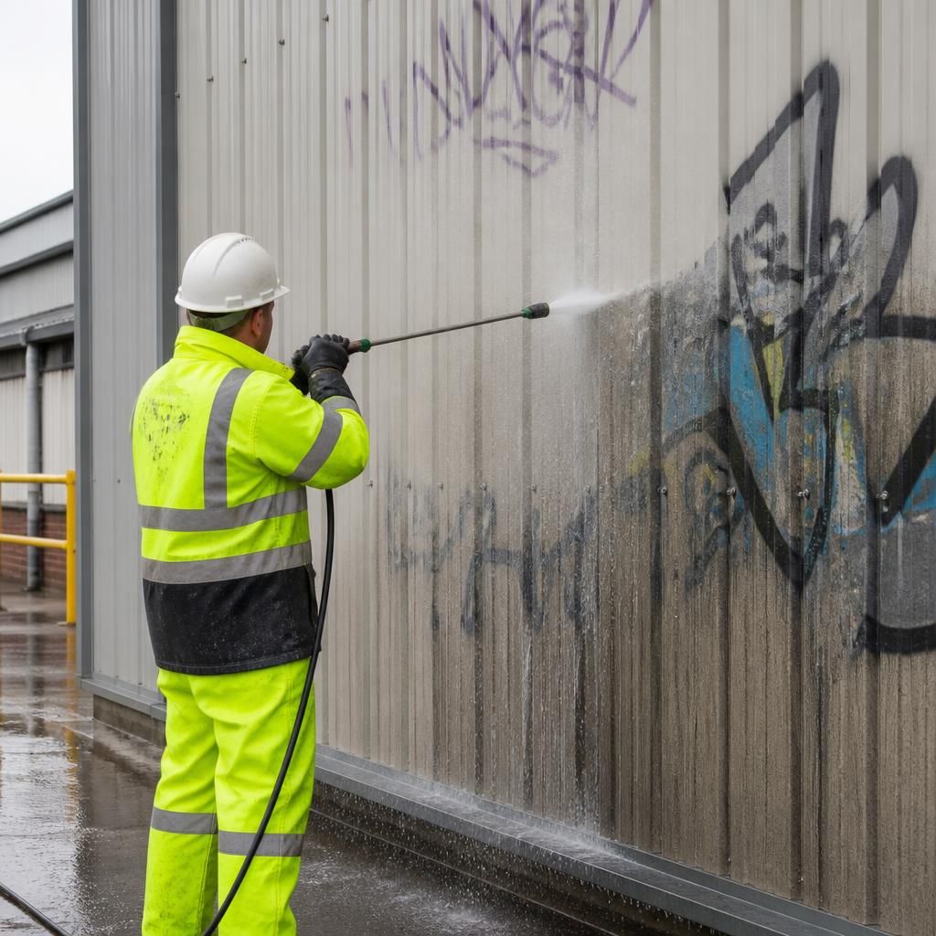 Graffiti being removed from an industrial wall