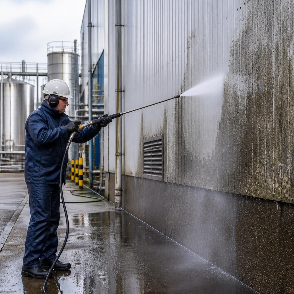 High-pressure cleaning of industrial facility
