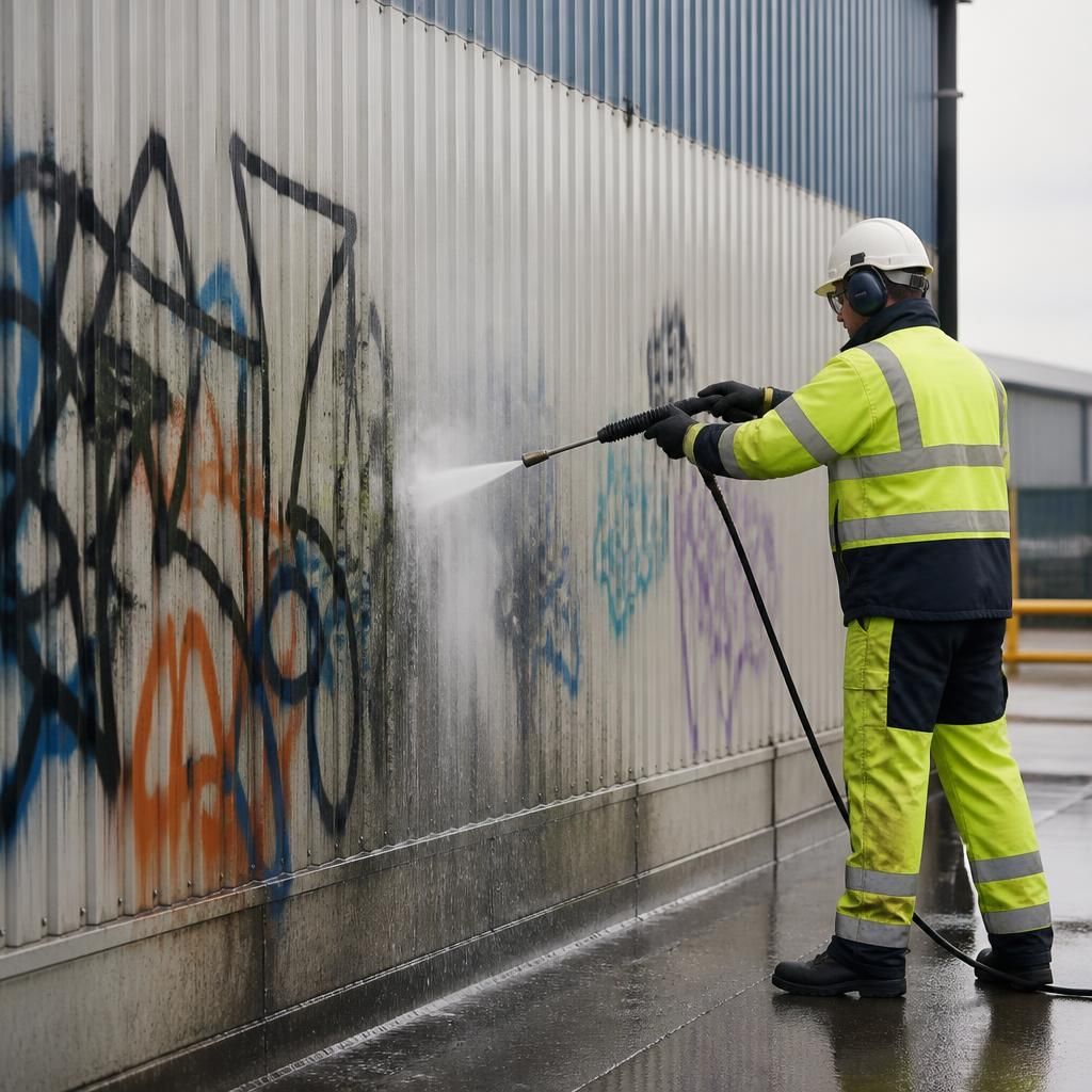 Graffiti being removed from industrial building