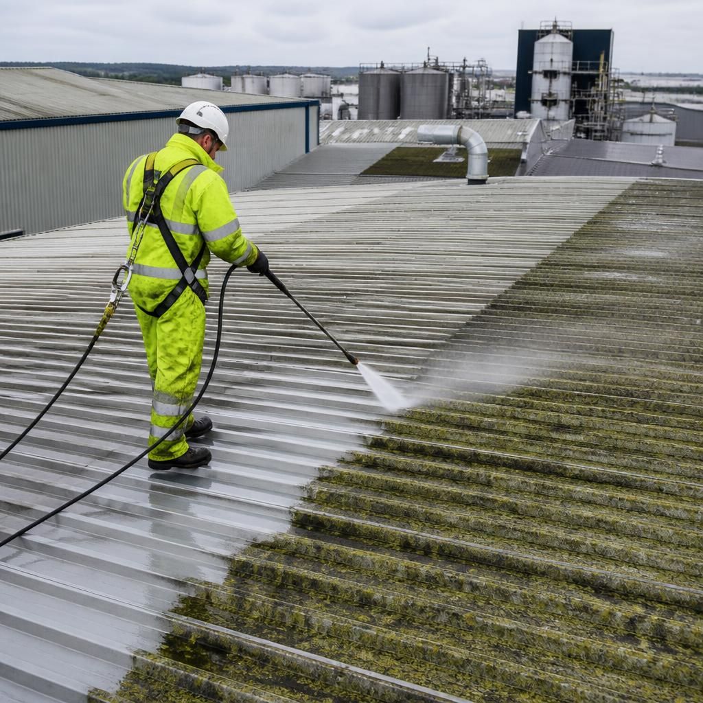 Industrial roof being cleaned