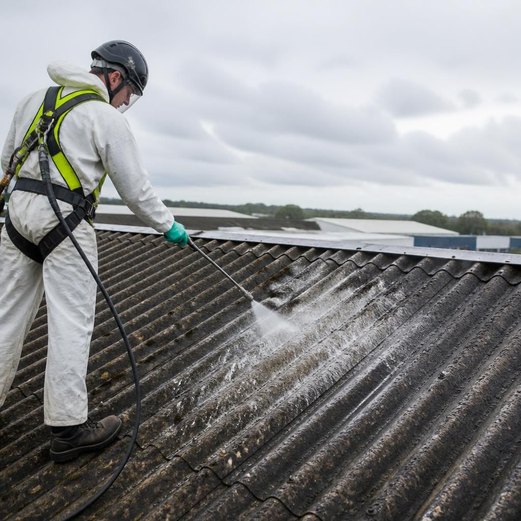 Technician applying biocide treatment to a roof