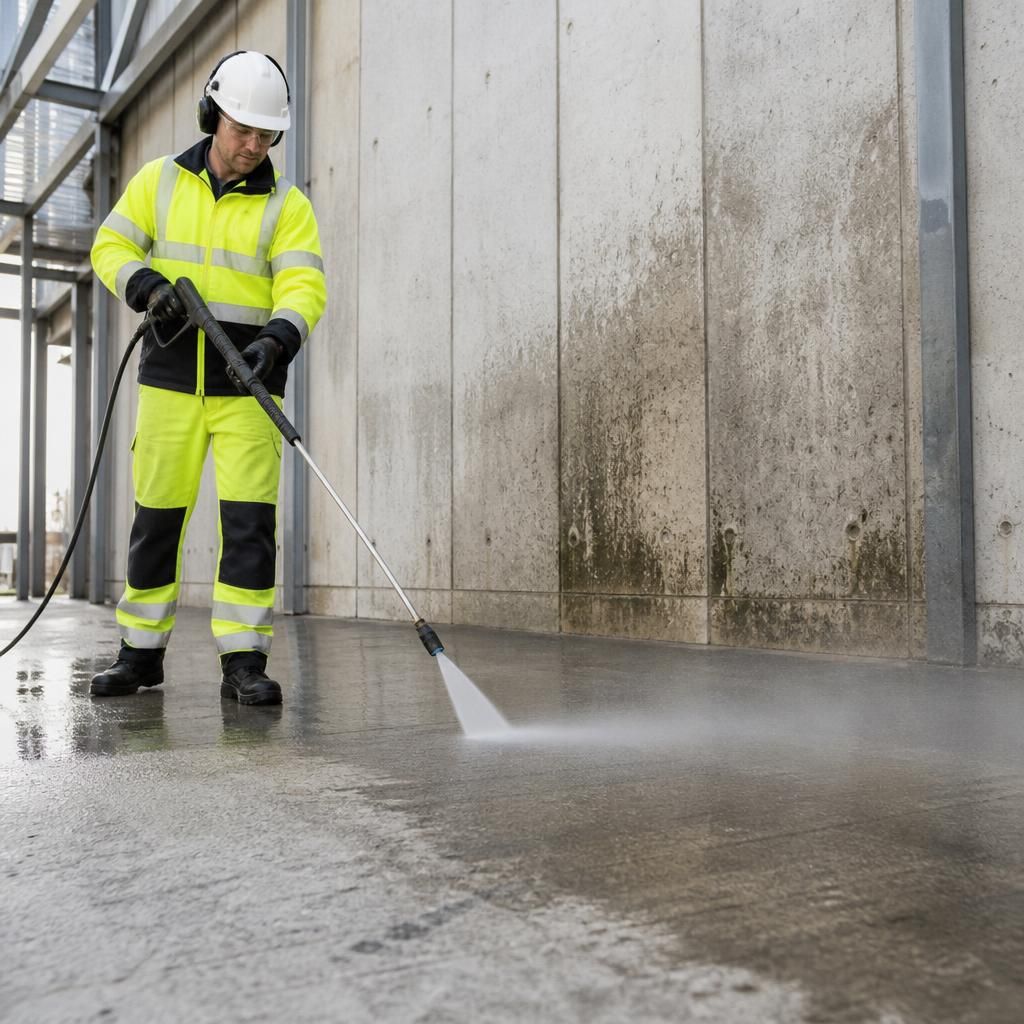Expert using pressure washer on concrete surface