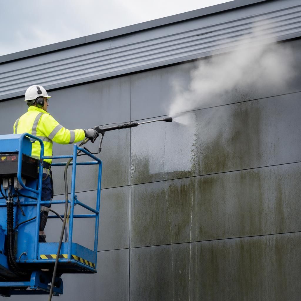Steam cleaning a building facade
