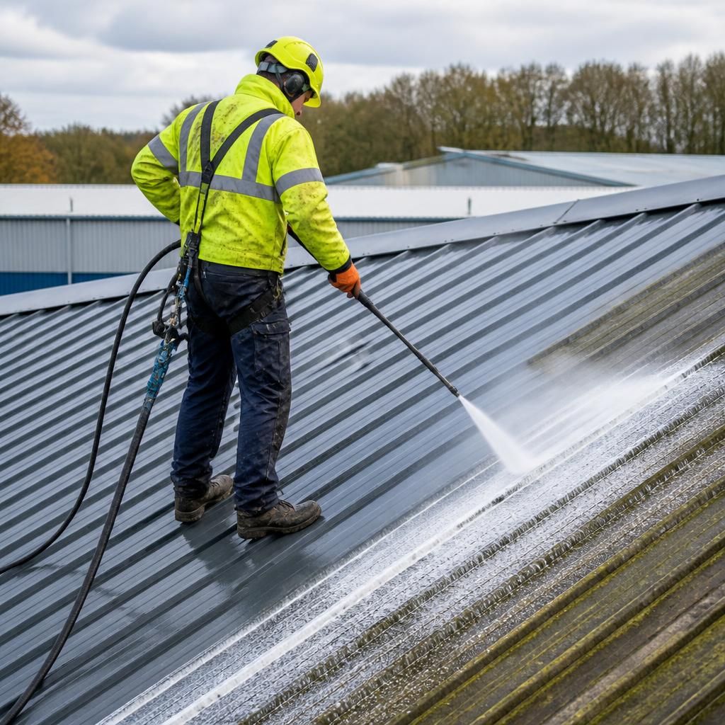 Professional roof cleaning in progress