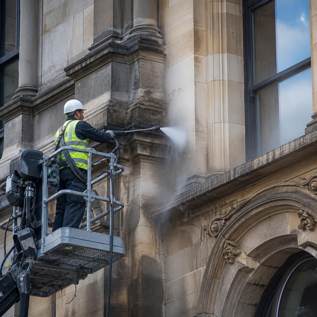 Stone facade being steam cleaned