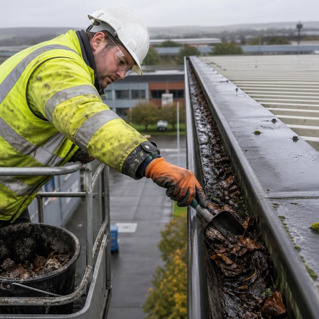 Technician performing gutter cleaning
